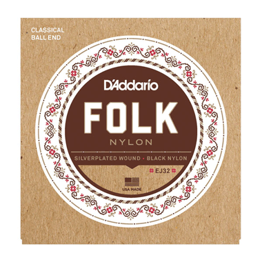D'Addario EJ32 Folk Nylon/Silver, Ball End, Black Treble