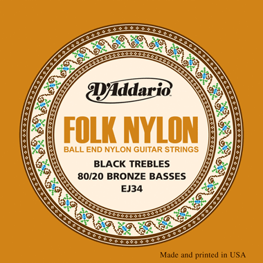 D'Addario EJ34 Folk Nylon 80/20 Bronze, Ball End, Black Treble