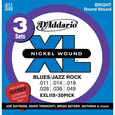 D'Addario EXL115-3DPICK 3 Sets EXL115 + 10 FREE Tour Picks