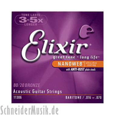 Elixir 11306 Acoustic 80/20 Bronze NANOWEB Coating, Baritone 6-string