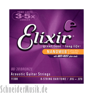 Elixir 11308 Acoustic 80/20 Bronze NANOWEB Coating, Baritone 8-string