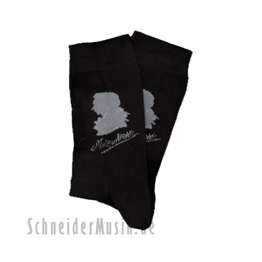 Music-Socks black with print Mozart silhouette and signature Size 35/38